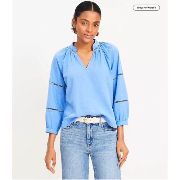 LOFT Women's Boho Linen Blend Top Sz L Blue V-Neck Cutout Lightweight 3/4 Sleeve - Picture 1 of 9
